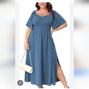 Elegant Blue Flowy Maxi Wedding Guest Bridesmaid Dress 1X